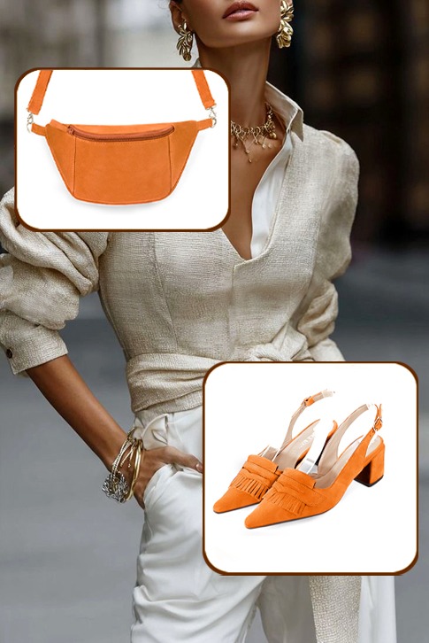 Dress slingback heels in apricot orange leather with medium block heels and pointed toe - Top view